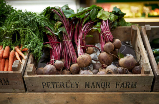 box of beetroot with peterley manor farm stamped on the front