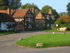 Half timbered houses and the village green of Turville