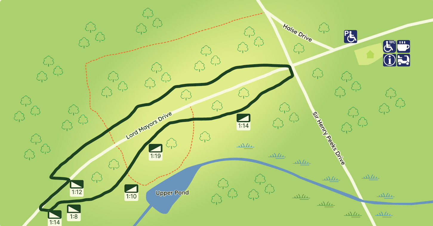 A simple map showing woodland, a circular path and icons to show facilities.