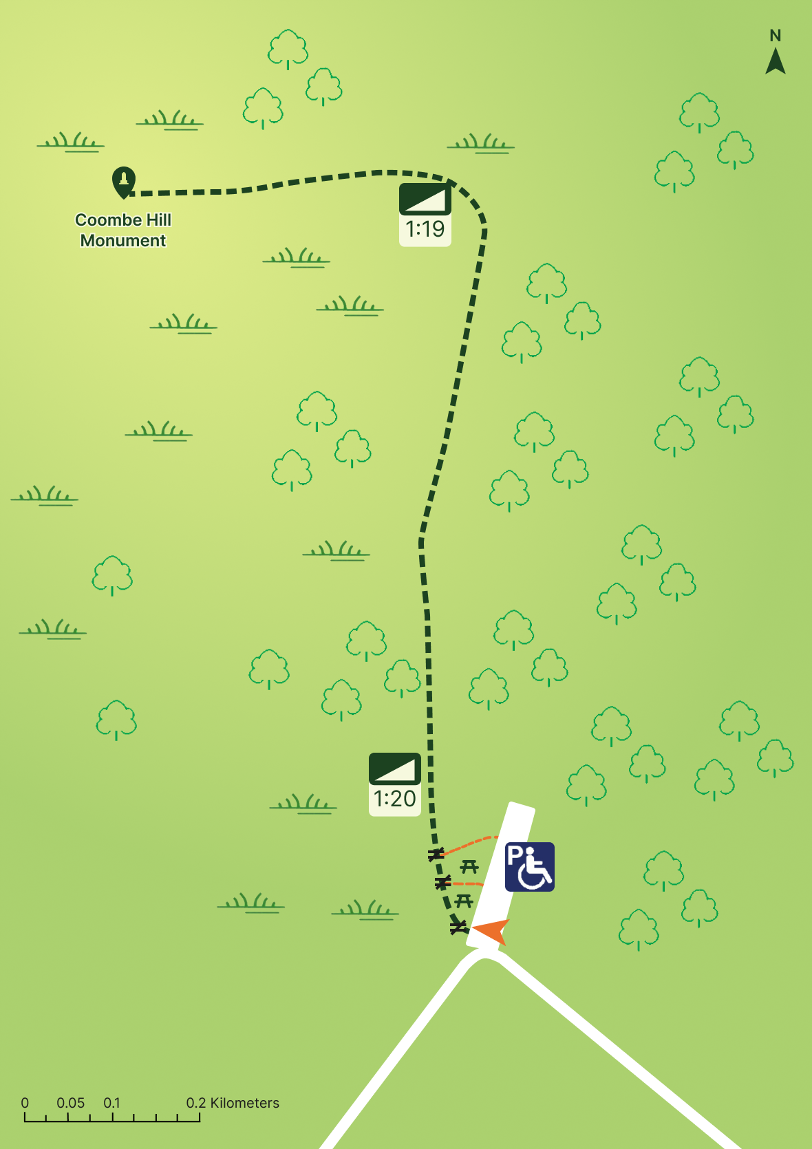 A simple map showing a woodland, a path and icons to show facilities.