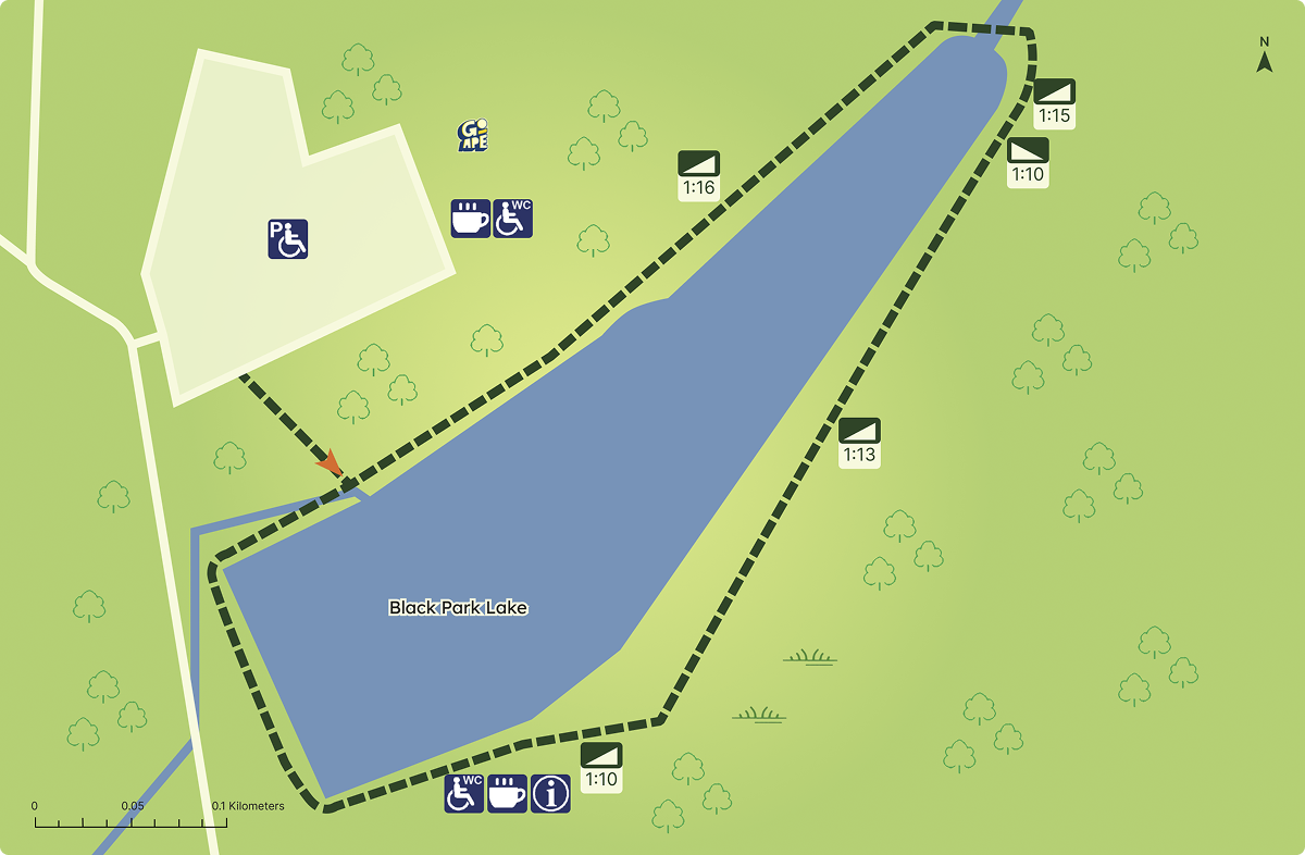 A simple map showing a lake, a path around the lake and icons to show facilities.