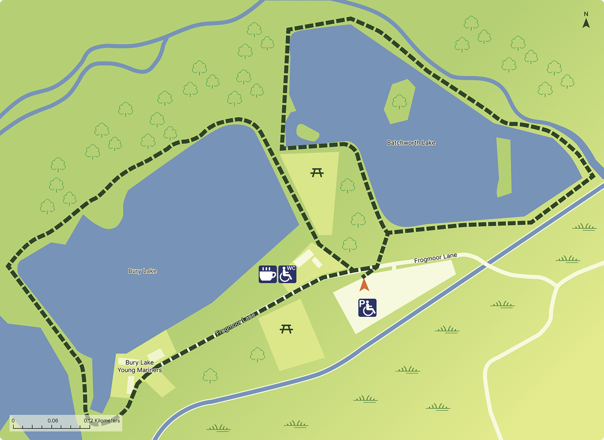 A simple map showing two lakes, a path around the lakes and icons to show facilities.