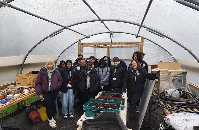 A group of 12 schoolchildren in a greenhouse.