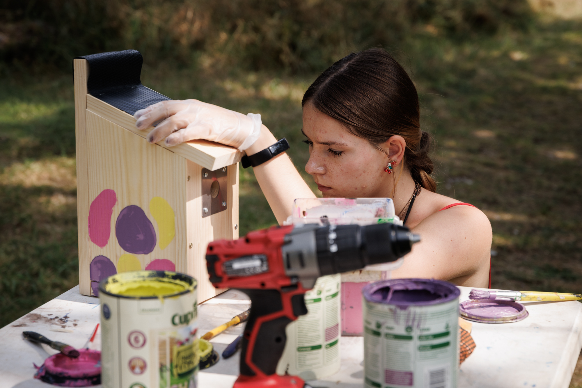 Young woman painting a bird box in the outdoors