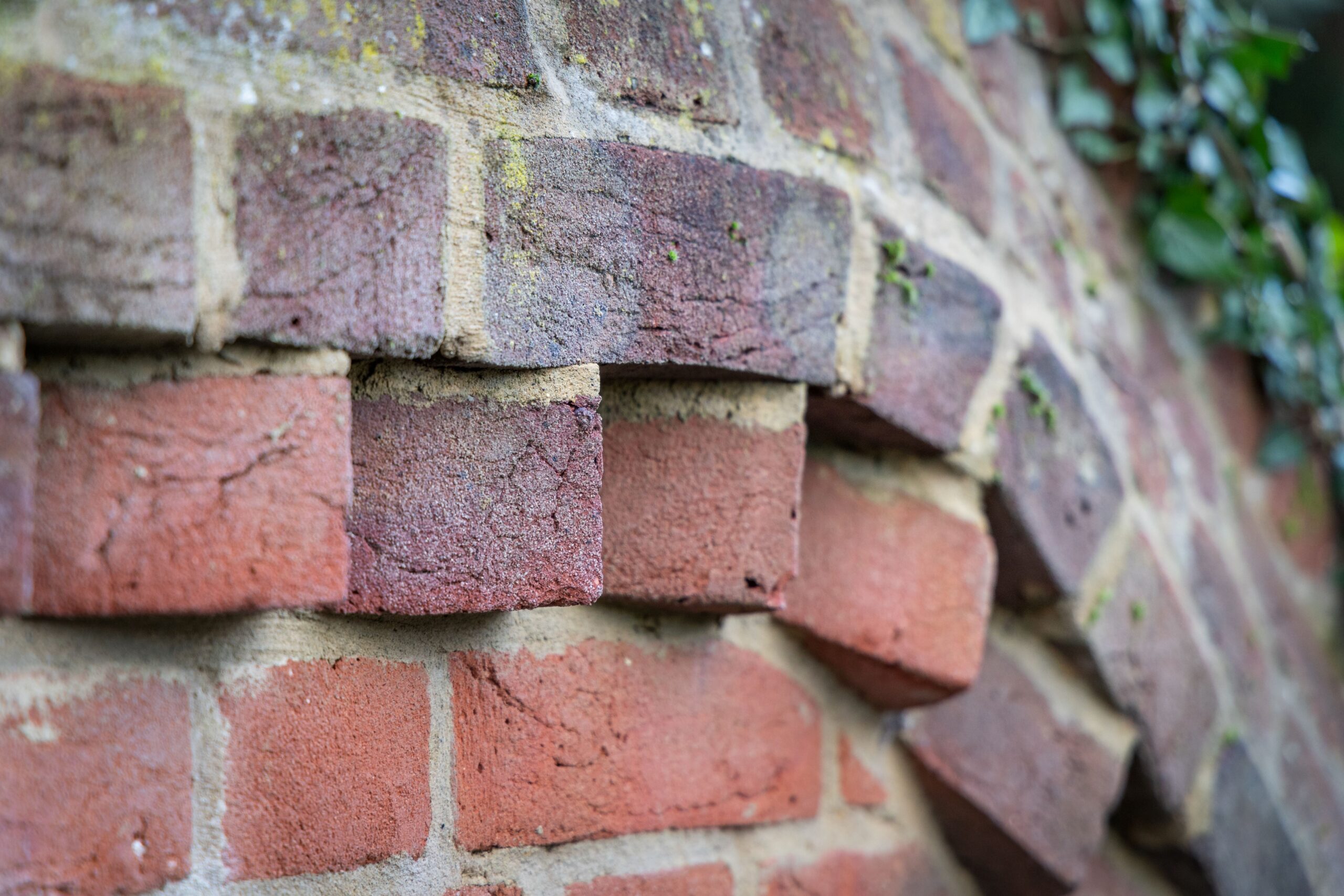Close up photo of a curved red-brick wall.