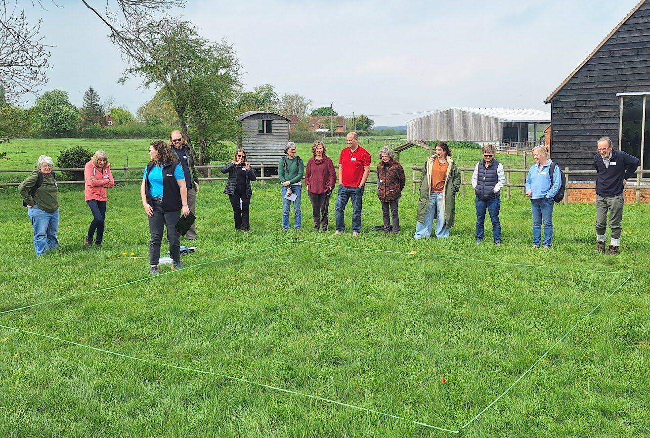 A group of about 15 adults stand in a field around the edges of a marked out square.