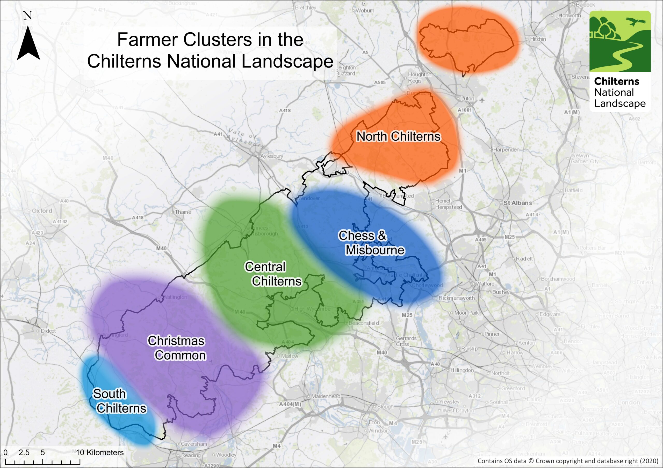 Map of the Chilterns National Landscape with coloured blobs to show the area for each farmer cluster.