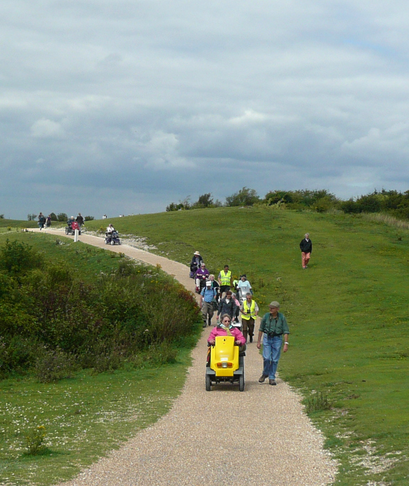 Disabled ramblers on accessible path on Dunstable Downs