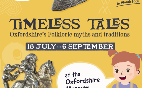 Timeless Tales exhibition poster with cartoon character and historical artefacts