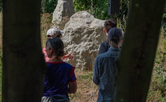 A group of people looking at stones at Luton Henge