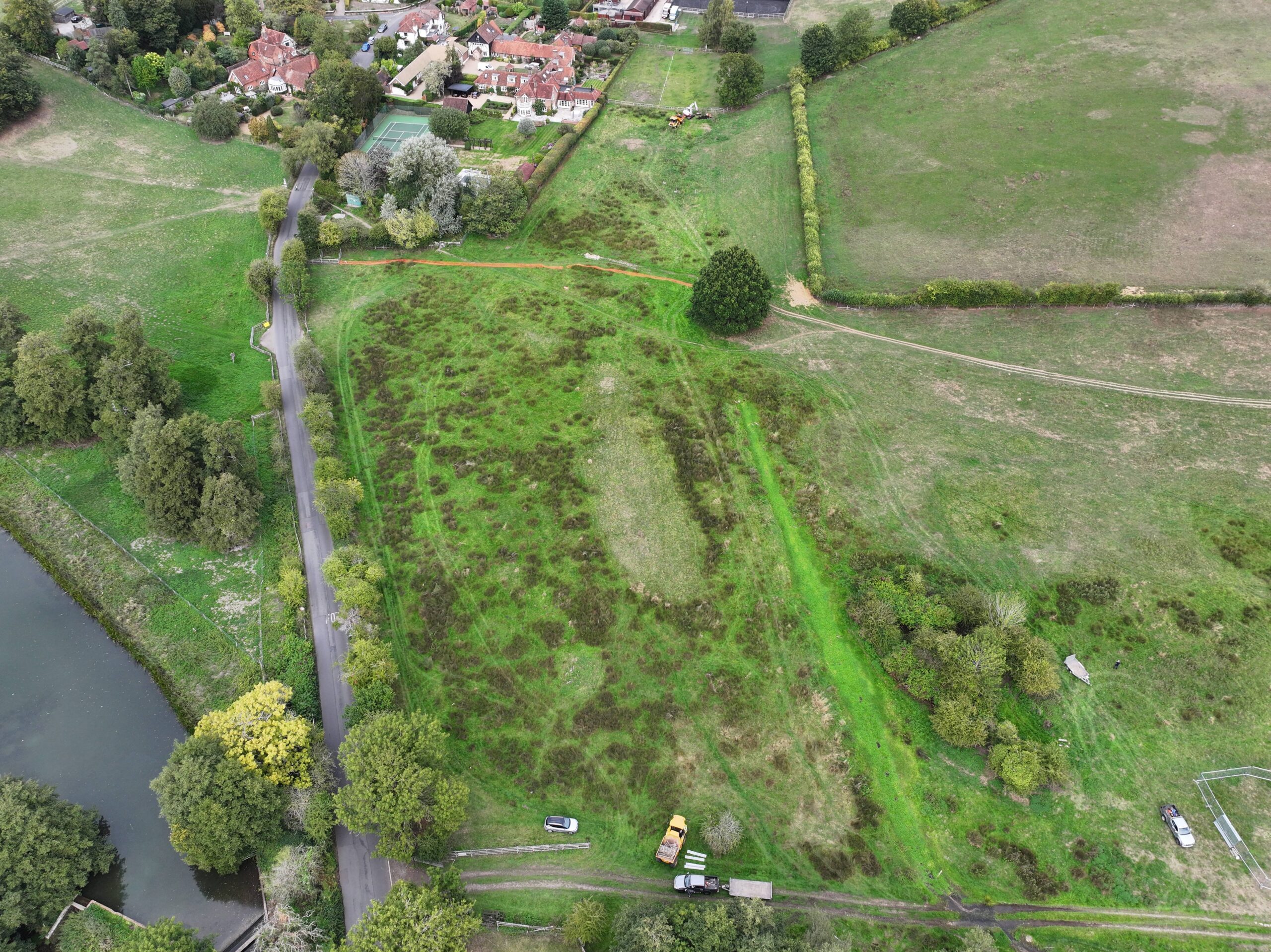 Aerial photo of green fields showing Flaunden Brook wetland and the River Chess