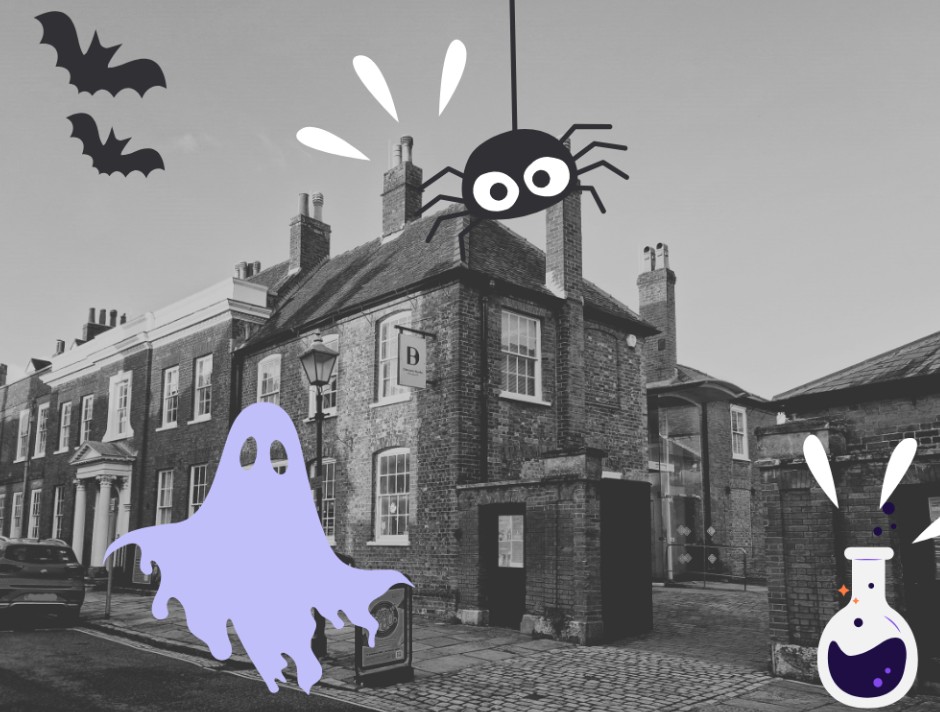 Discover Bucks museum building in black and white with Halloween illustrations on top