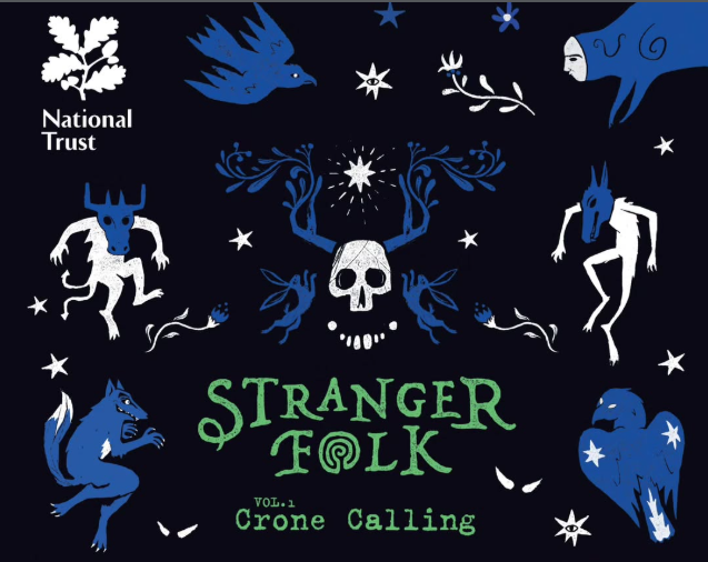 Spooky illustration of masked figures set against a black background with the words Stranger Folk centre.